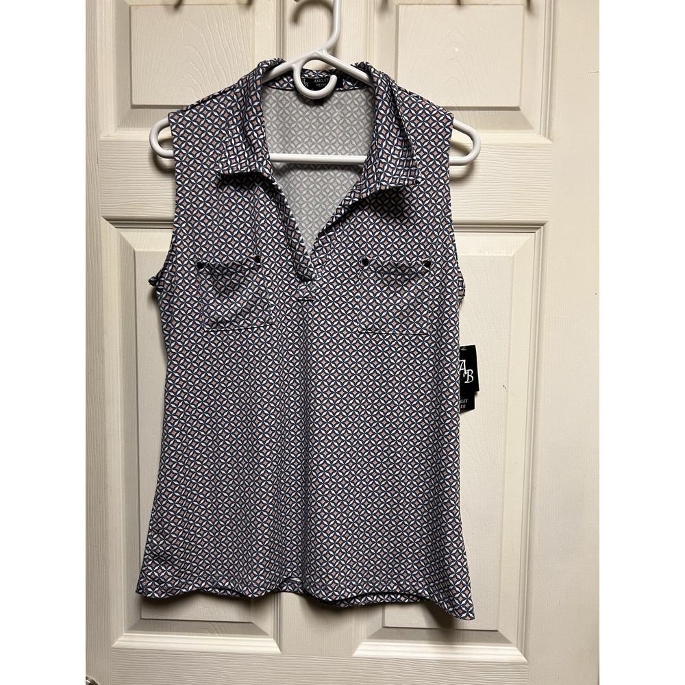 Ashley Blue Womens XL Sleeveless V-Neck Geometric Print Top Blue Peach NWT 33919